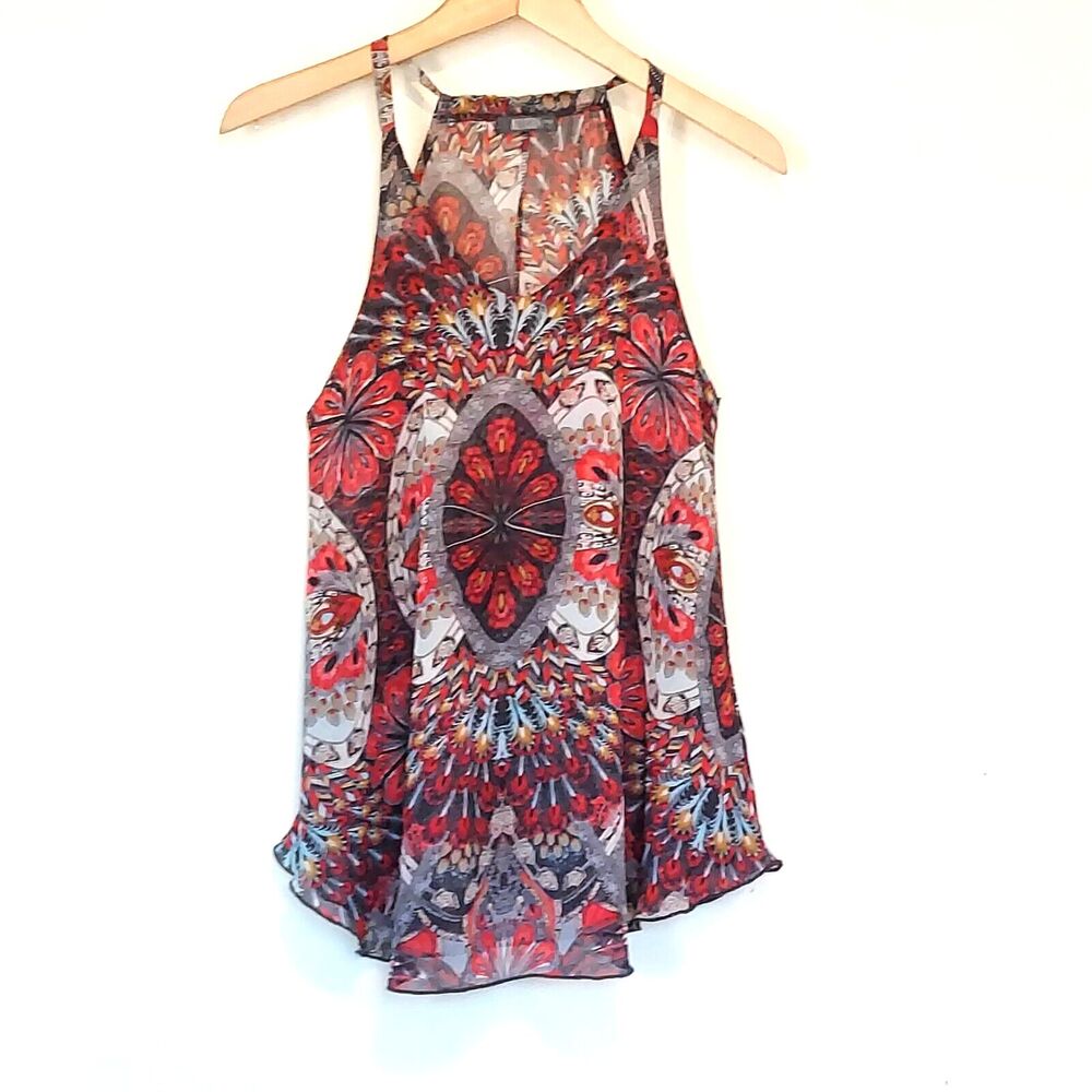 Allison Joy Sleeveless Shirt Medium Tank Red Feather V-neck Cami Racer back